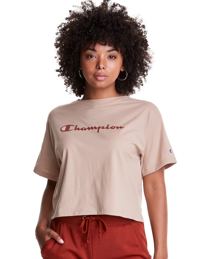 Champion Dame T-Shirts Khaki - Cropped Script Logo - Danmark ZWK-804295